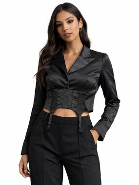 Naked Wardrobe Black Satin Corset Blazer Top Garter Strap Cropped Jacket Size S